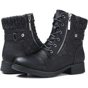 STQ Women's Black Synthetic Side Zipper Combat Boots Lace up Ankle Booties